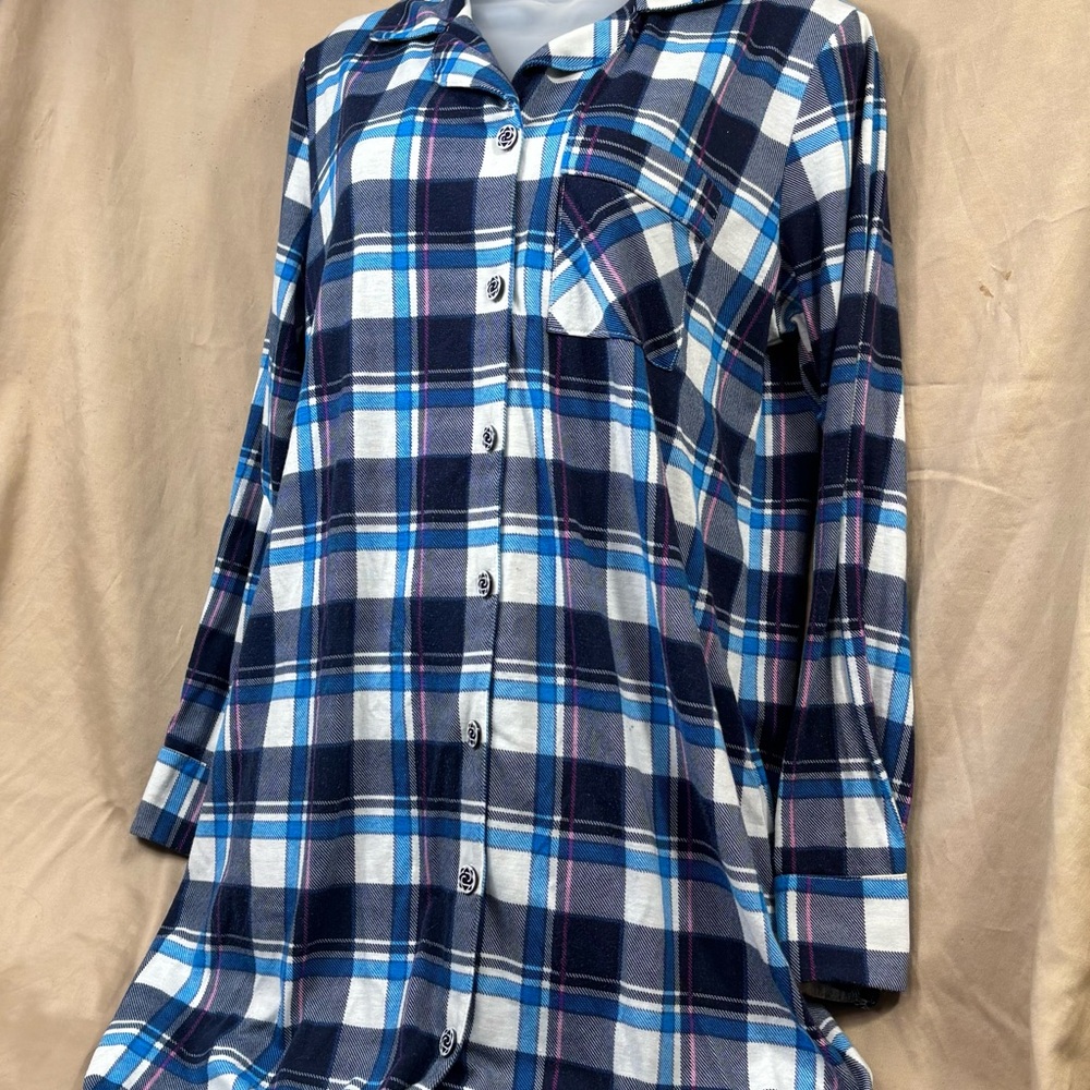 Navy and White Plaid Women's Button Down Shirt